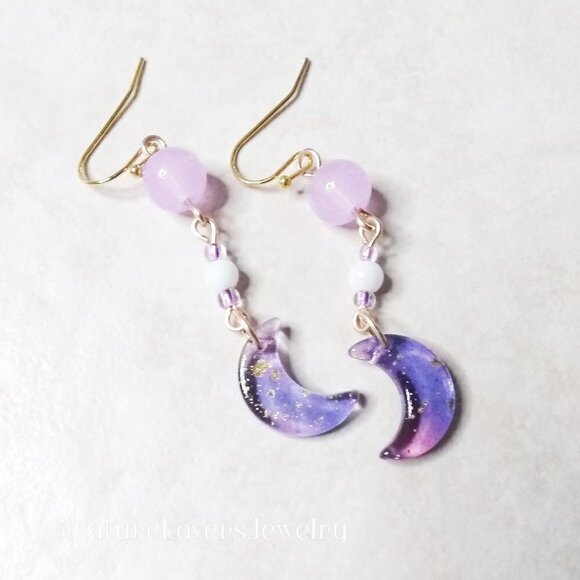 So Dainty & Girly! Lavender & Purple Moon Dangle Earrings! Sweet Spunky Unique - Picture 6 of 9